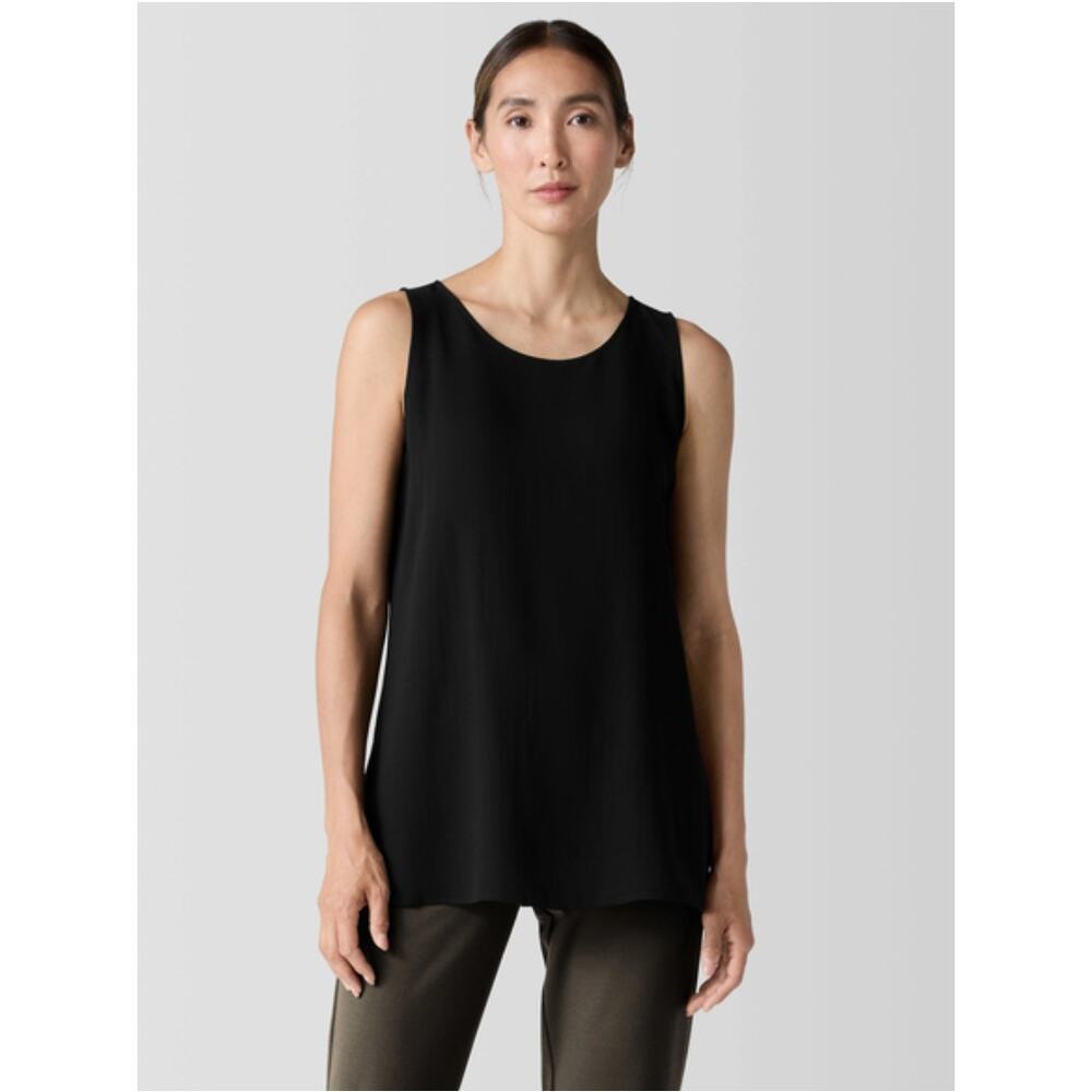 Eileen‎ Fisher Black 100% Silk Georgette Crepe Ballet Neck Long Tank Size PP
